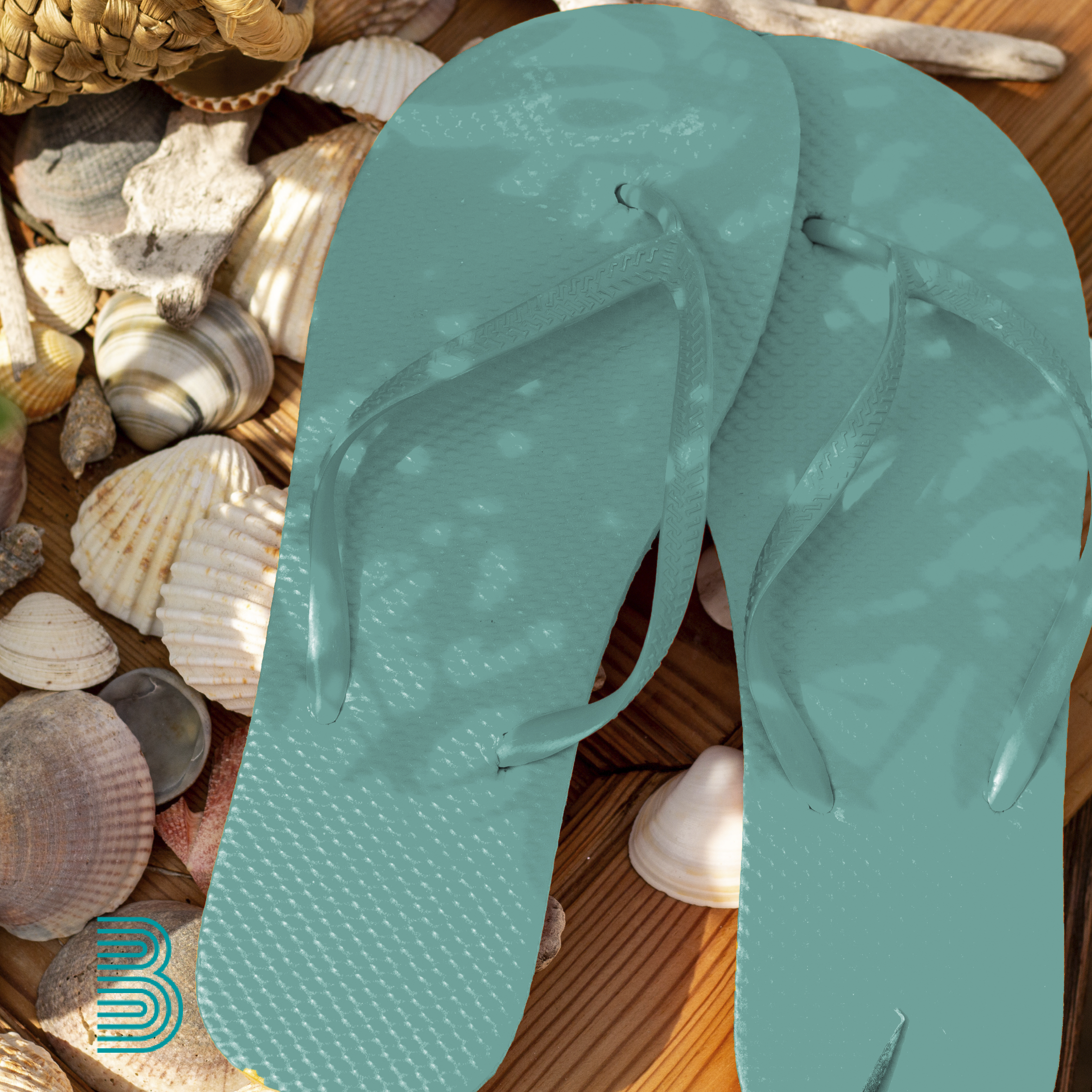 Türkisfarbene Flip-Flop-Schuhe stehen auf Muscheln.