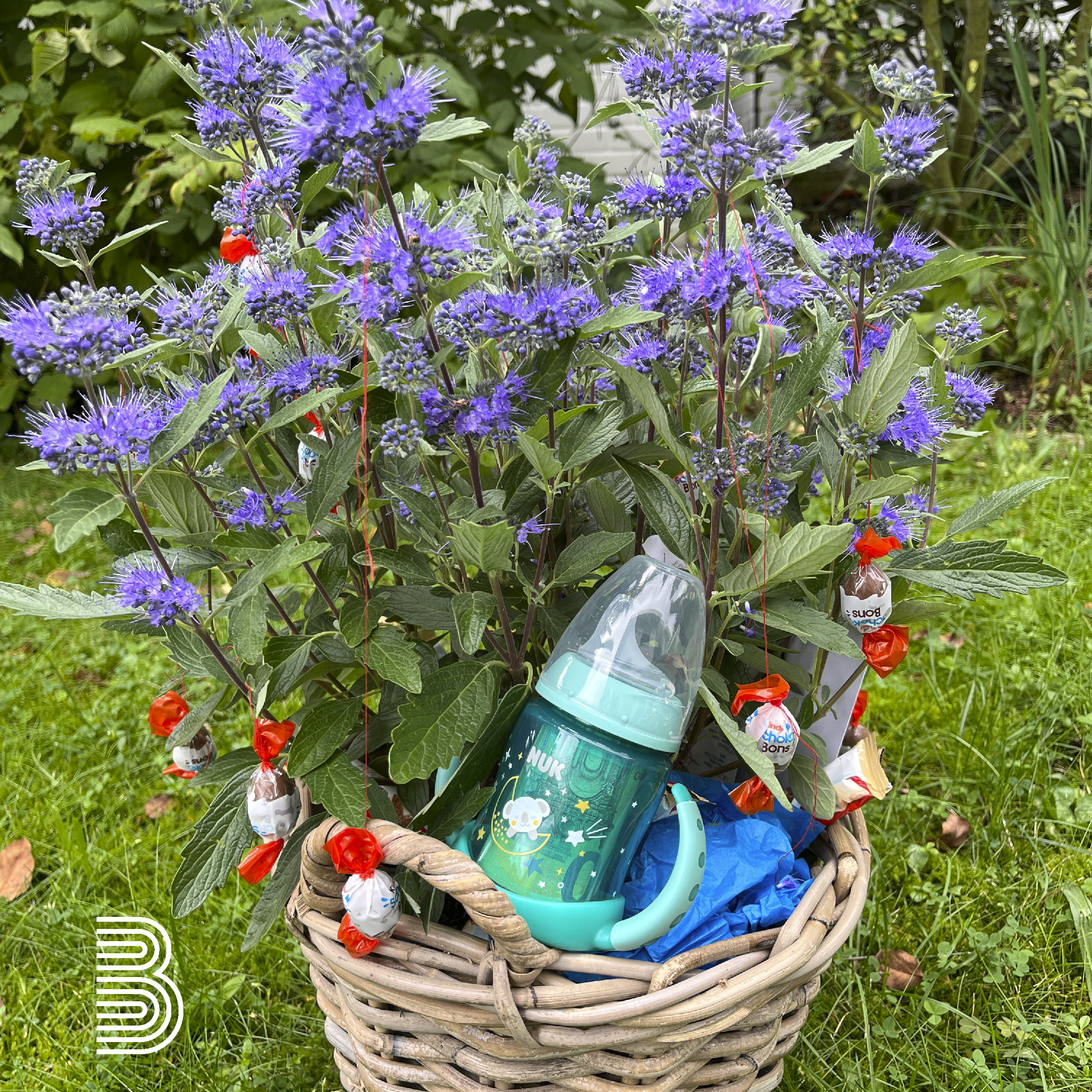 Präsentkorb mit Baby-Sachen.