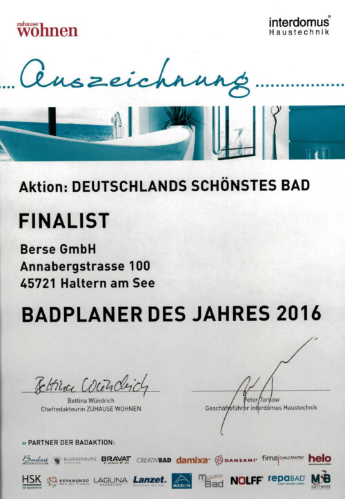 Urkunde der Aktion "Deutschlands schönstes Bad" zum Finalist.