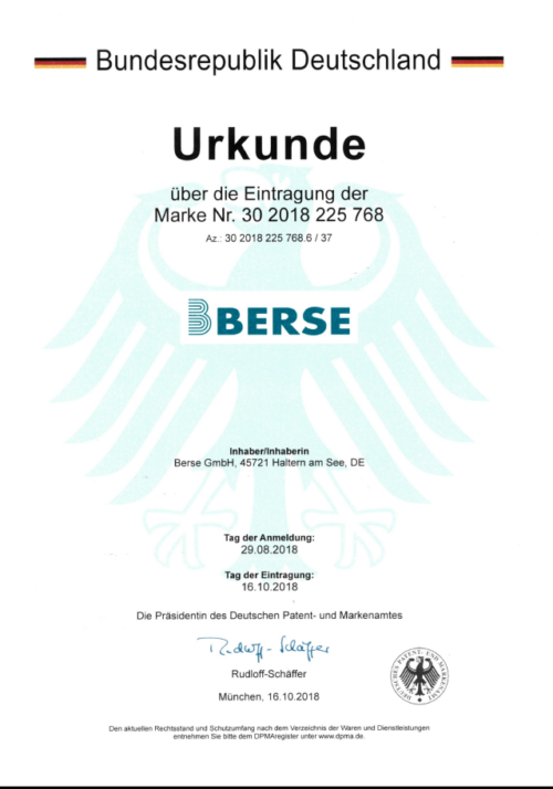 Offizielle Markenurkunde der Berse GmbH.