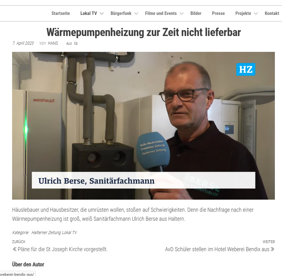 Screenshot aus einem Video zum Thema Wärmepumpen, der den Inhaber der Berse GmbH - Ulrich Berse- zeigt.