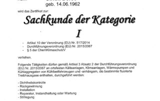 Zertifikat für abgeschlossenen Lehrgang in Klimatechnik.