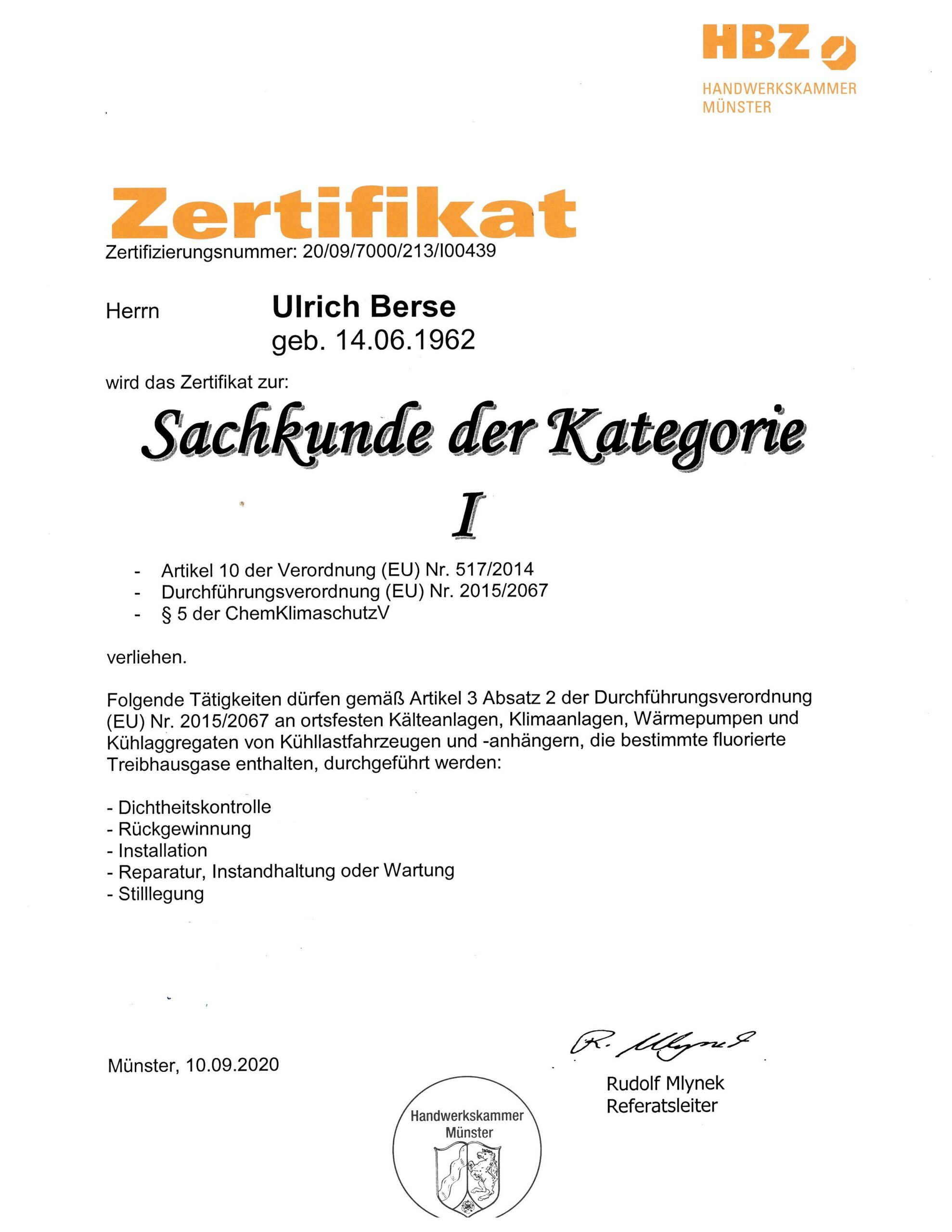 Zertifikat für abgeschlossenen Lehrgang in Klimatechnik.