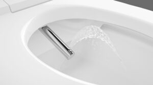 Eine Dusch-WC Brause Strahl schießt in die Toilette. 